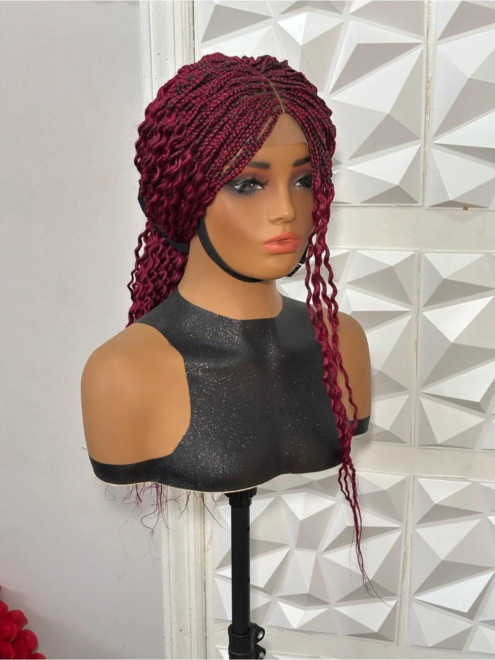 Handmade Boho curly twist Braided Closure Wig Burgundy Lightweight Natural Densi
